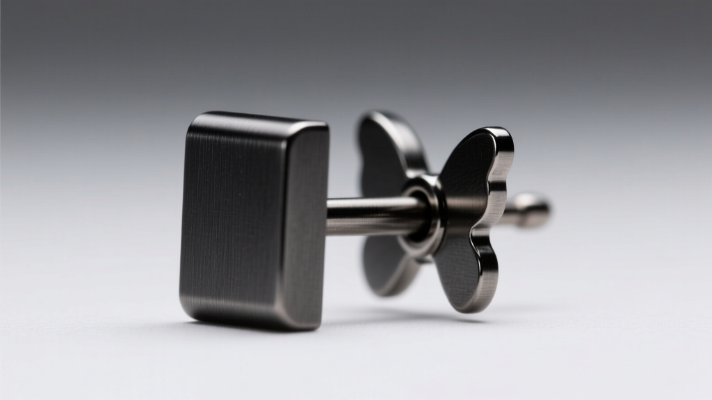 Macro shot of a matte black titanium rectangular earring post, showing the 18-gauge thickness and secure butterfly backing detail.