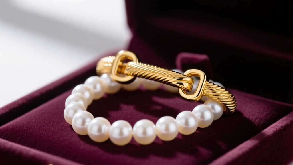 Elegant close-up of an 18k yellow gold threaded barrel clasp securing a strand of lustrous white Akoya pearls on a velvet display