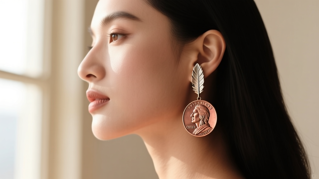 Side profile of a woman wearing drop Indian Head nickel earrings, showcasing the coin resting elegantly against her bare jawline.