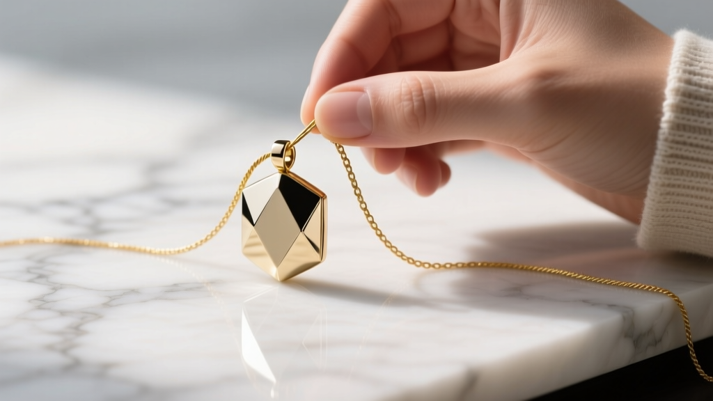 Hands threading a 1.2mm gold cable chain through the top hole of an RE8 dual-hole pendant against a softly lit marble surface