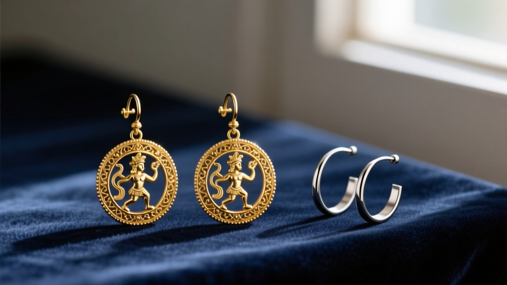 Vintage illustration of ancient Roman gold earrings beside modern minimalist titanium cartilage hoops on a dark velvet backdrop.