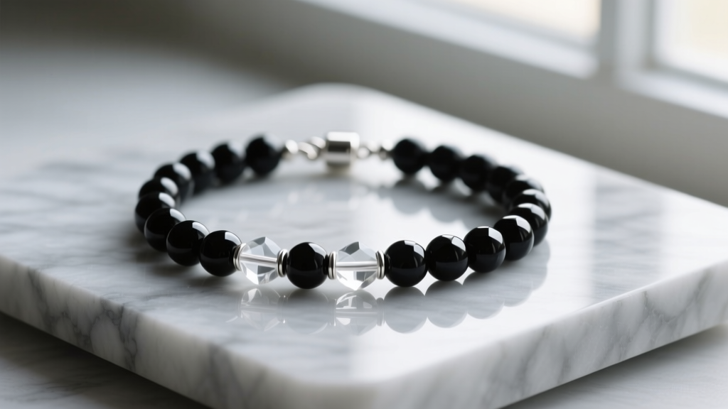Beaded bracelet with onyx and quartz, showing a wire end hidden inside a 4mm silver crimp cover resting on a marble slab.