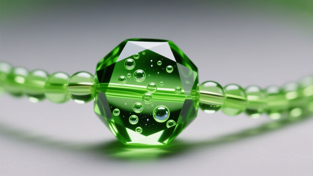 Macro view of a fluorescent green glass bead from a neon bead necklace, displaying small internal bubbles and a high-gloss polish