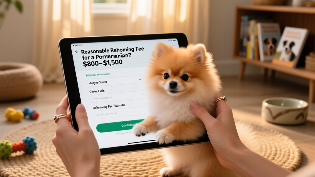 Two hands gently holding a small Pomeranian while filling out a digital adoption application on a tablet