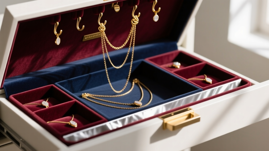 Jewelry drawer with velvet slots, anti-tarnish strips, and suspended hooks designed to prevent delicate gold chain knotting
