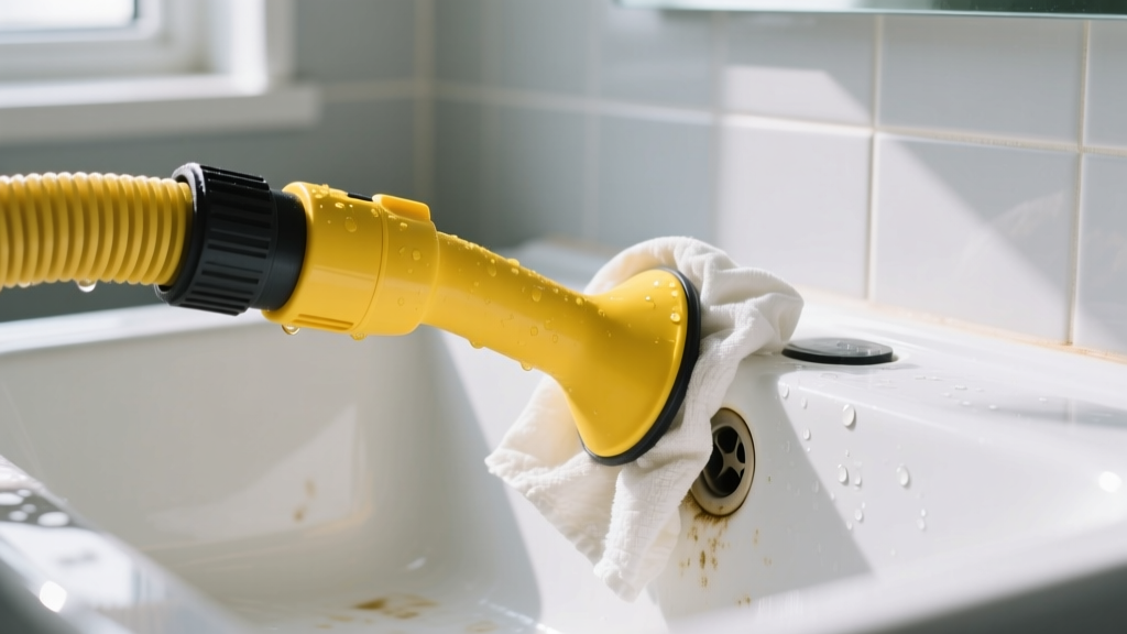 A yellow wet-dry vacuum hose nozzle sealed over a bathroom sink drain with a wet rag, bright daylight DIY repair scene