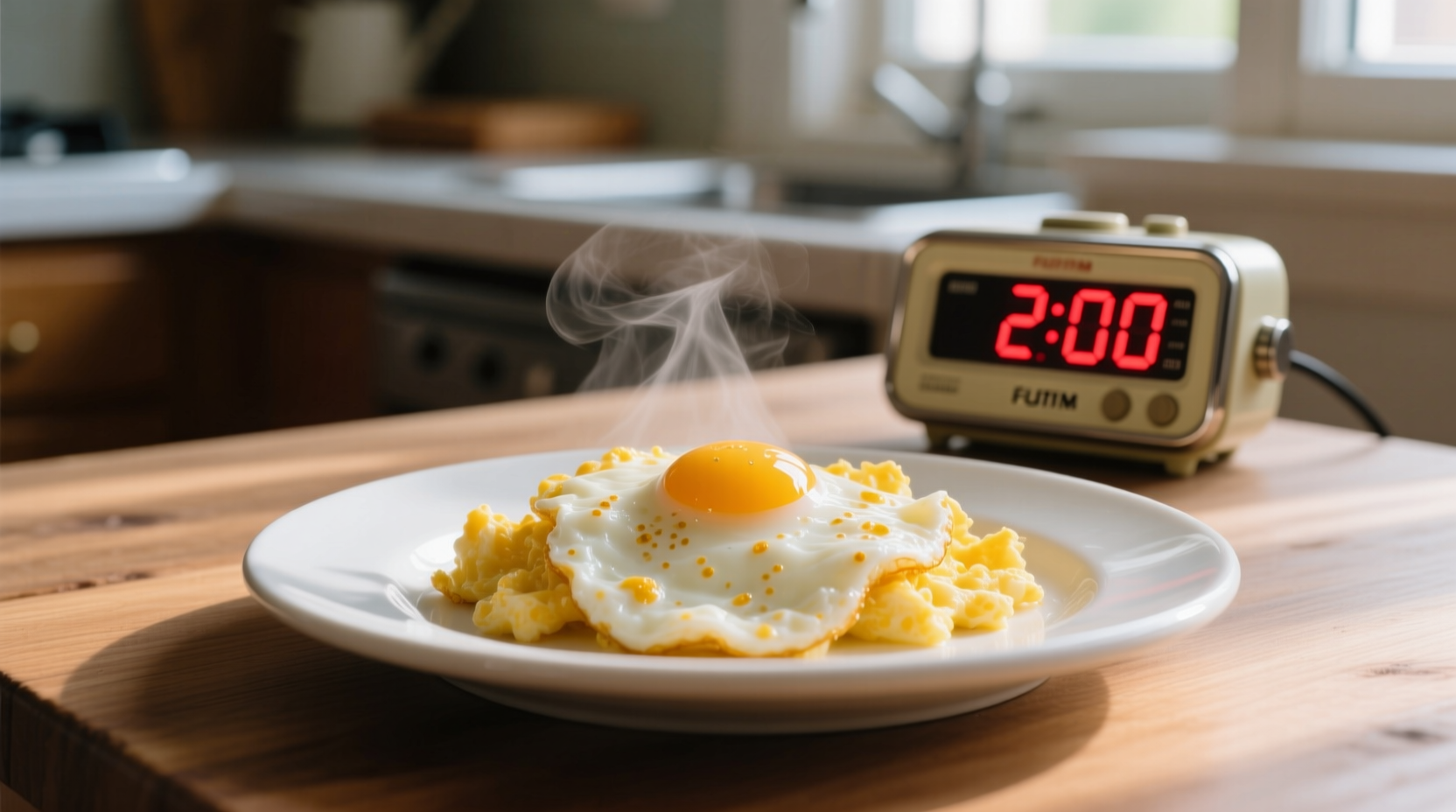 Fresh cooked scrambled eggs on plate with timer showing 2 hours