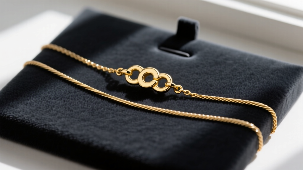 Flat lay of a 3-hole 14k gold-filled necklace spacer clasp connecting three delicate cable chains on a dark velvet display pad