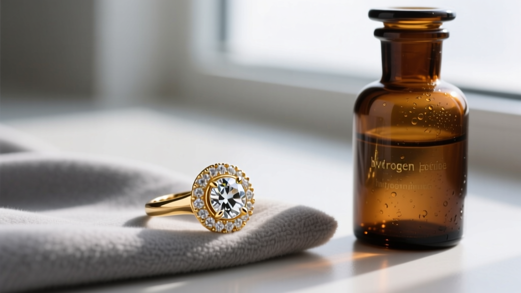 Macro shot of a 14k gold diamond ring resting on a grey microfiber cloth next to a brown glass apothecary bottle of peroxide
