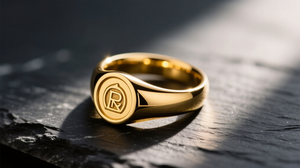 Macro shot of a polished yellow brass signet ring on dark slate, reflecting warm light to show its smooth golden metallic surface.