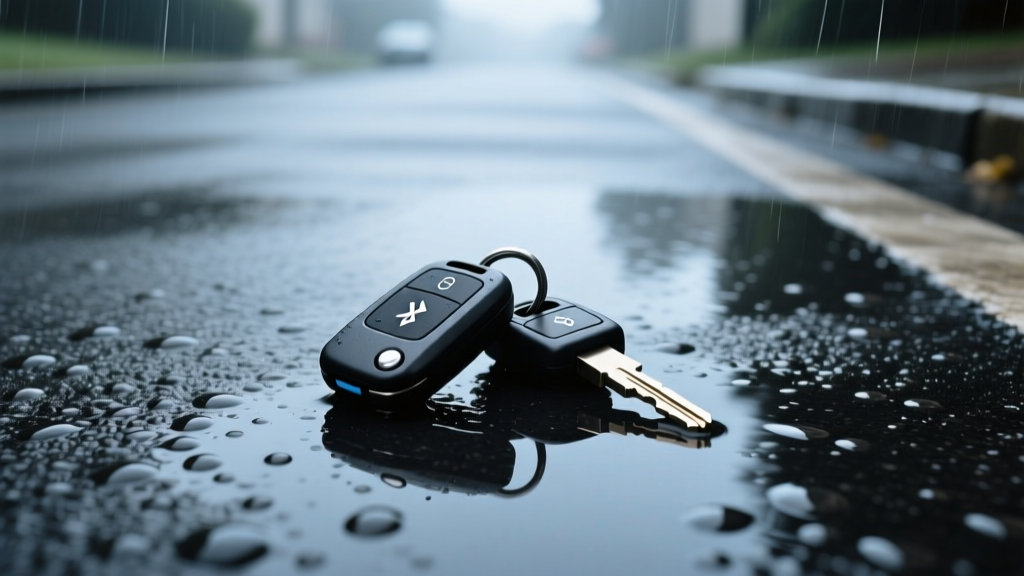 A waterproof Bluetooth tracker attached to a set of car keys resting on a wet asphalt driveway after a rainstorm.