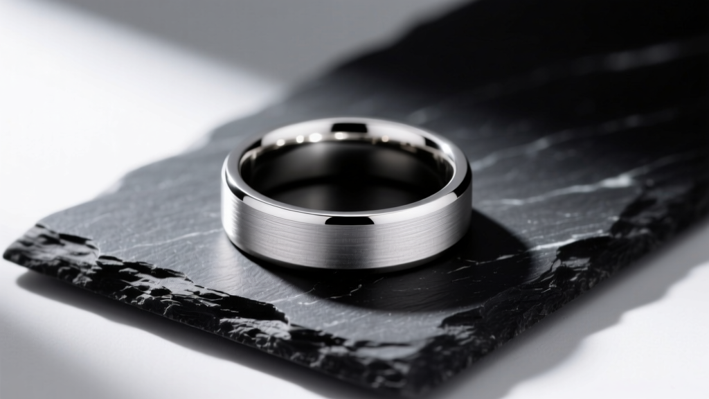 Side profile of a 14k palladium white gold band showing its natural gray undertone without rhodium plating on a dark slate tile