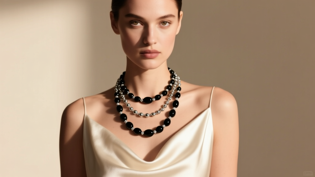 Fashion portrait of a model wearing a layered black onyx and silver rosary necklace over a silk dress in soft lighting