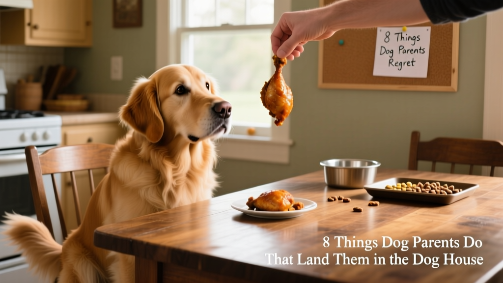 A golden retriever sitting politely beside a dining table, looking hopeful as a hand holds a small piece of cooked chicken just out of reach