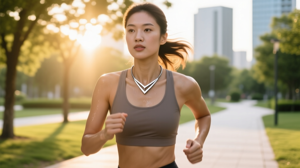 Athletic woman wearing a minimalist matte titanium fitness necklace while jogging in bright sunlight, medium close-up angle