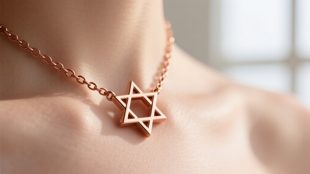 Macro shot of a 14k rose gold Star of David necklace clasp and chain links, showing the copper-tinted alloy against soft skin.