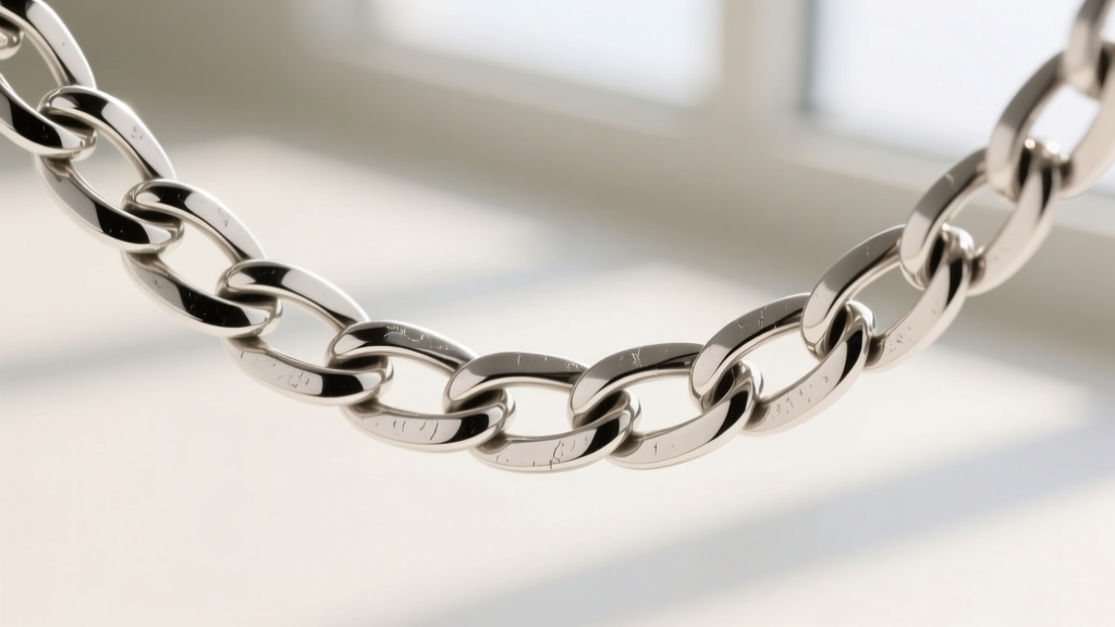 Macro shot of a sterling silver herringbone chain showing the tight interlocking V-shaped zig-zag pattern of flat metal links.