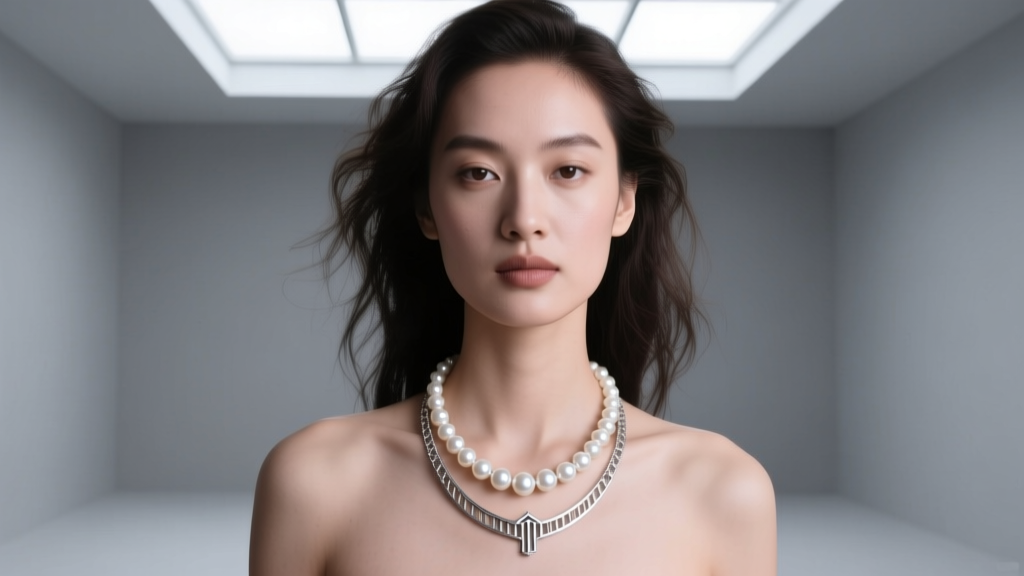 Model wearing a Mikimoto and Yohji Yamamoto pearl necklace with silver chain details against a minimalist grey studio backdrop