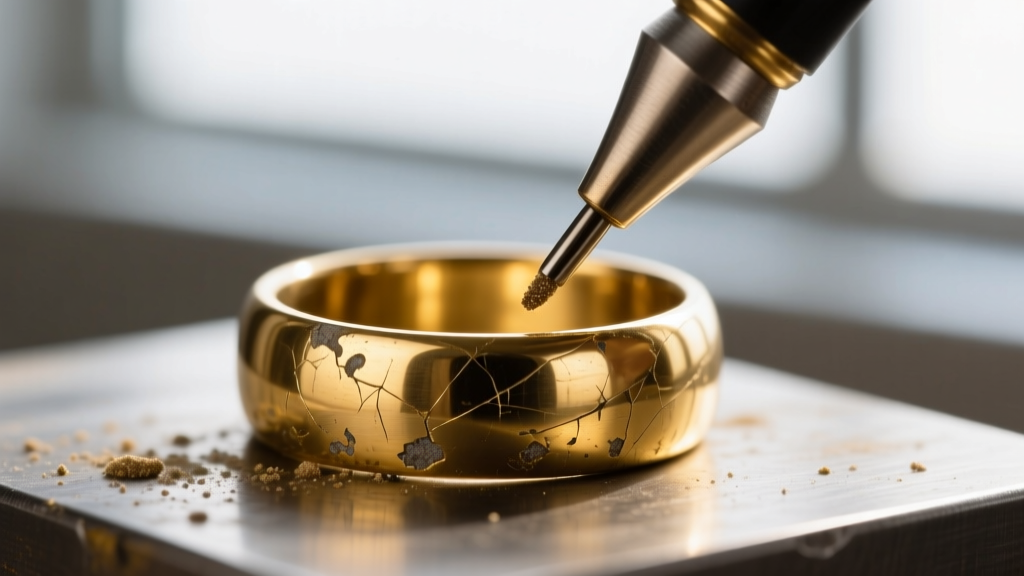 Close-up of a worn 18k gold plated brass ring being carefully prepped with a micro-abrasive pen before electroplating restoration