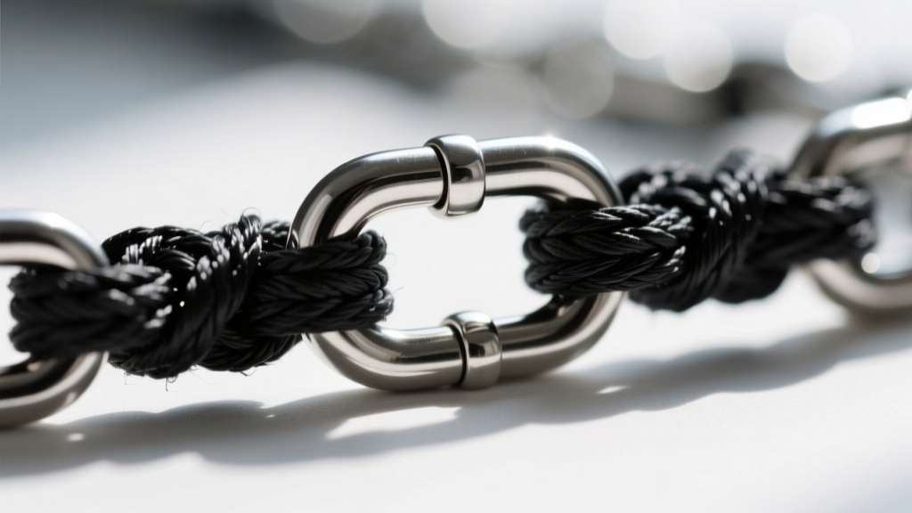 Macro shot of a 16-gauge stainless steel rosary chain link wrapped tightly with black waxed silk thread, showing intricate weaving