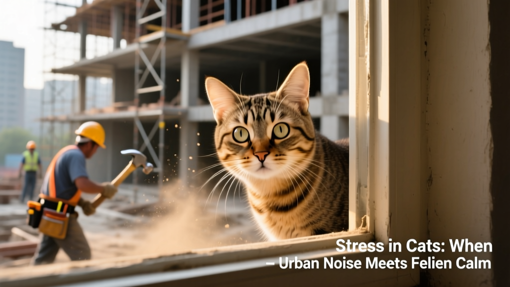 A curious cat cautiously observing construction workers outside a window