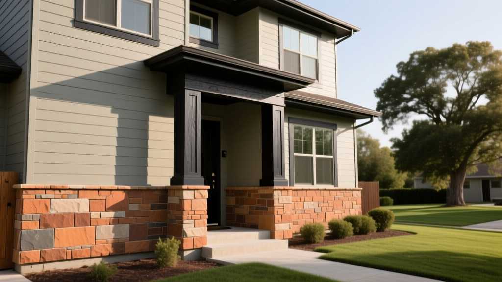 Exterior home transformation showing faded vinyl siding replaced with warm manufactured stone veneer wainscoting and dark wood accents.