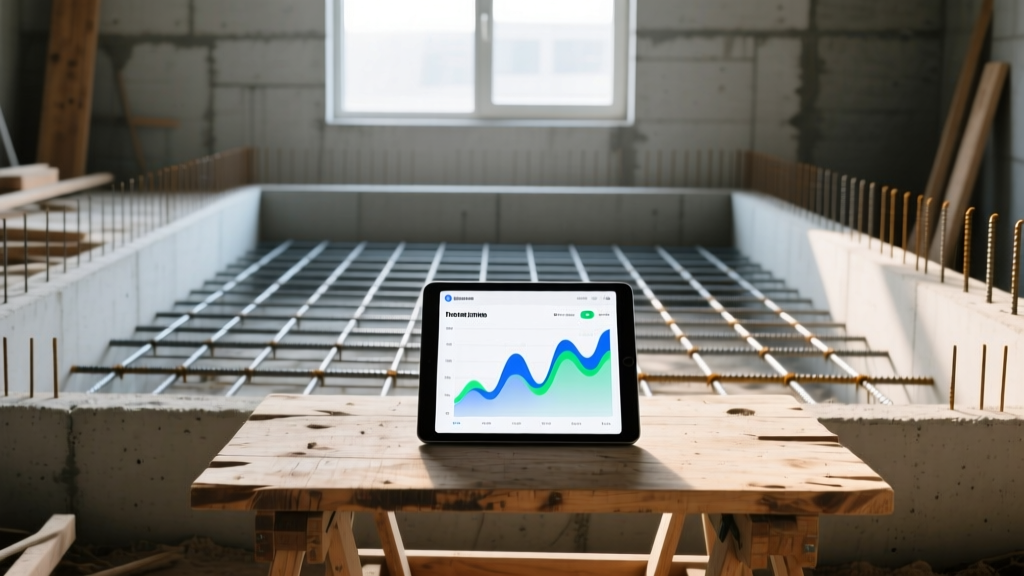 Foundation pour with steel rebar, insulated concrete forms, and a tablet displaying material revenue charts on a wooden table.
