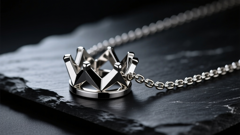 Heavy 10mm stainless steel curb chain necklace with a geometric crown pendant on dark slate under dramatic studio lighting.