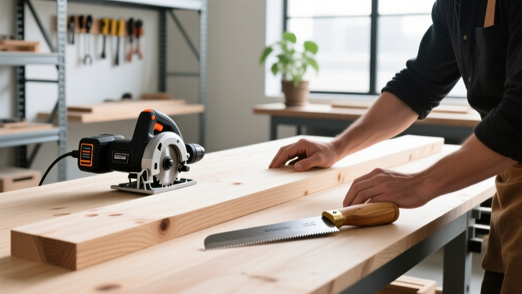 Carpenter evaluating Douglas fir framing lumber with a cordless circular saw and Japanese pull saw resting on a bright workbench