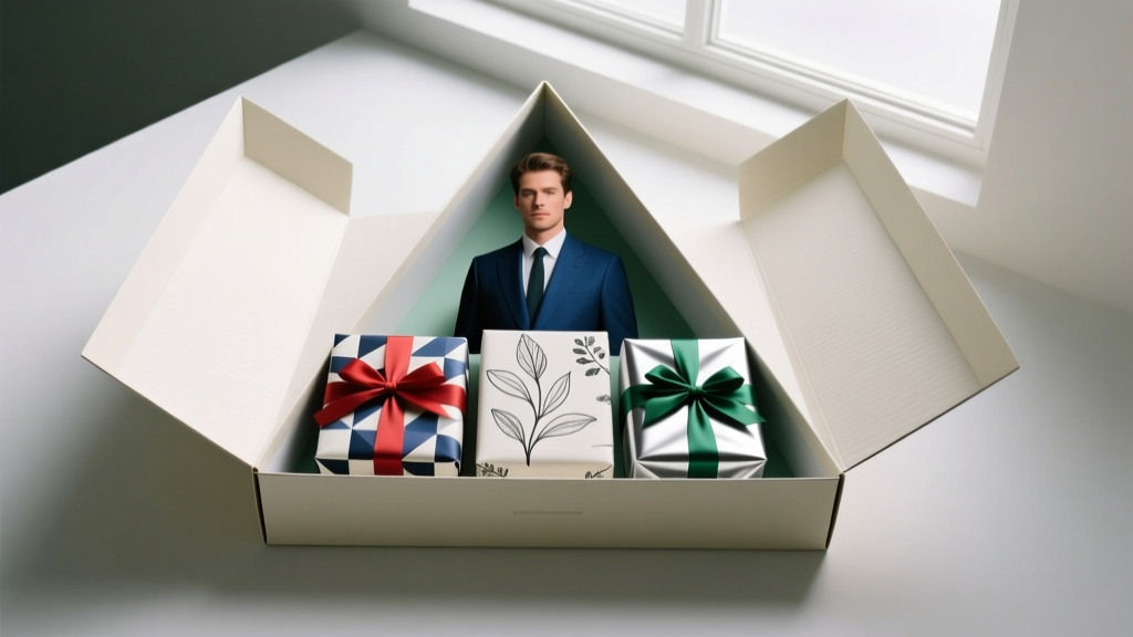 Overhead gift box shot of three men