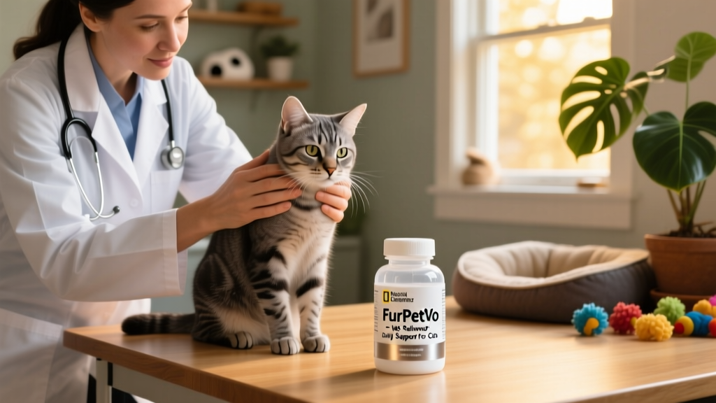 Veterinarian examining a cat while holding a FurPetVo supplement bottle