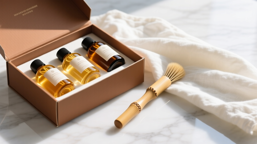 Flat lay gift box with amber glass bottles of natural jewelry cleaner, bamboo detailing brush, and cotton cloth on marble