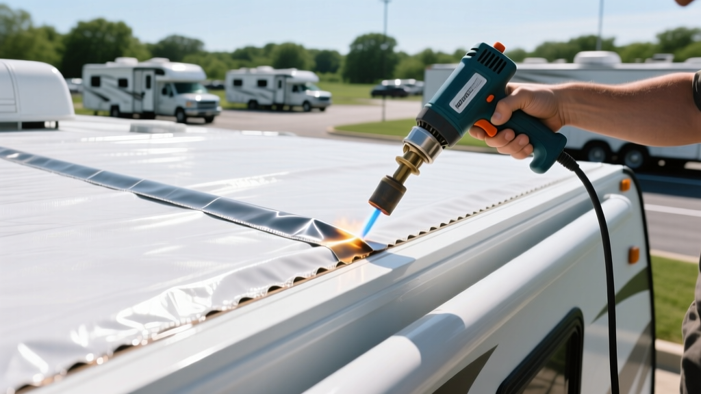 Close-up of a white TPO RV roof membrane being heat-welded at the seams with a professional hot air gun on a sunny day at an RV park