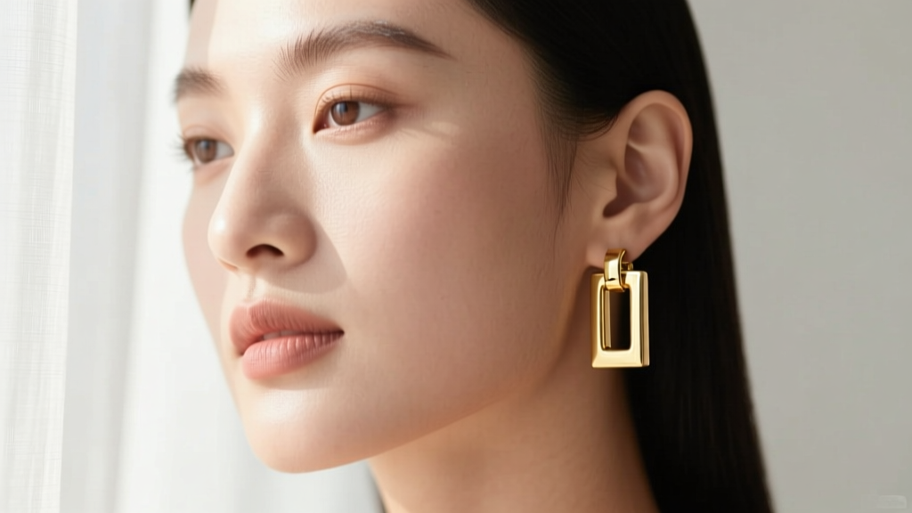 Woman wearing 18k gold rectangular huggie earrings, showing the secure hinge mechanism and smooth inner edges against soft lighting