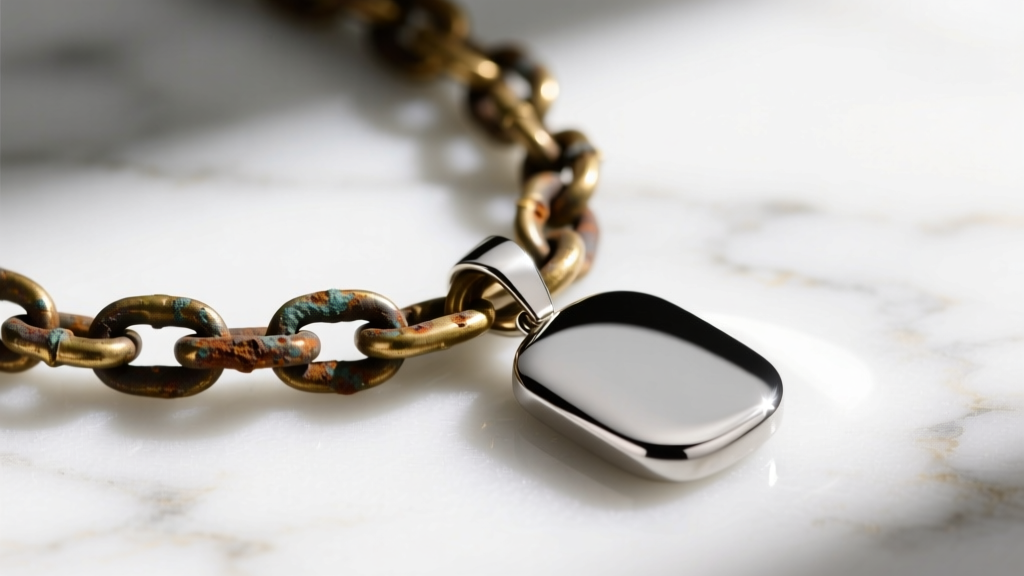 Macro shot of a tarnished brass necklace chain beside a pristine titanium pendant showing oxidation contrast on white marble.