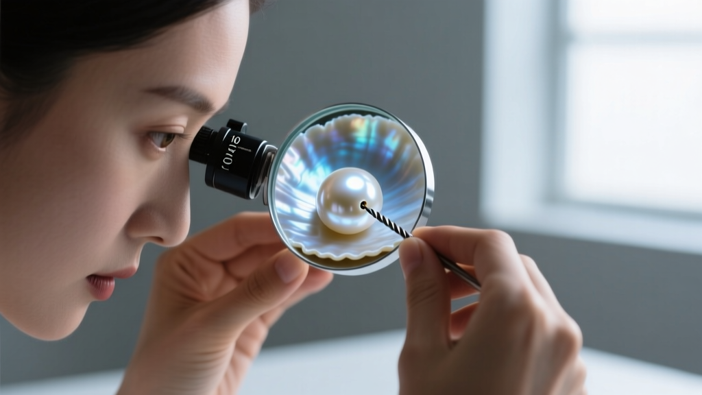Jeweler using a 10x loupe to inspect an Akoya pearl drill hole, revealing the boundary between thick nacre and the bead nucleus.