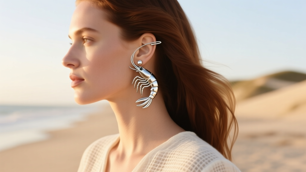 Side profile of woman wearing a delicate 20-gauge silver shrimp ear cuff and matching stud, styled with a coastal linen outfit