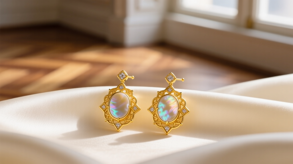Yellow gold and mother-of-pearl Vintage Alhambra earrings resting on cream silk fabric under soft, natural window lighting.