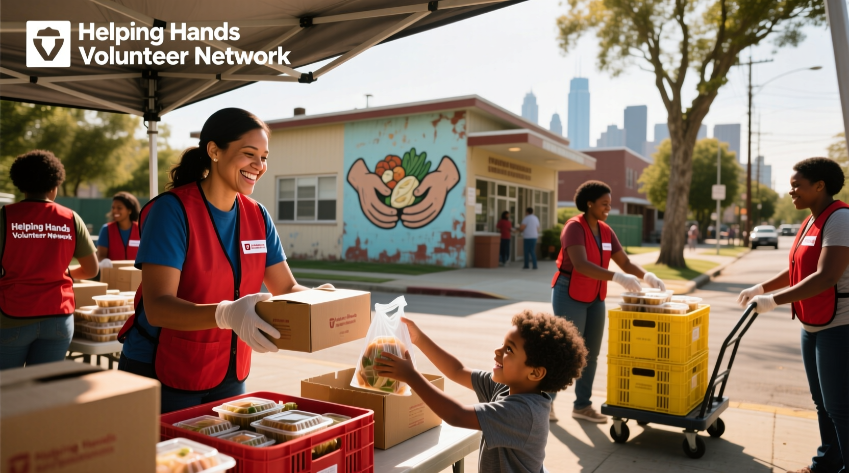 Community food distribution event with volunteers