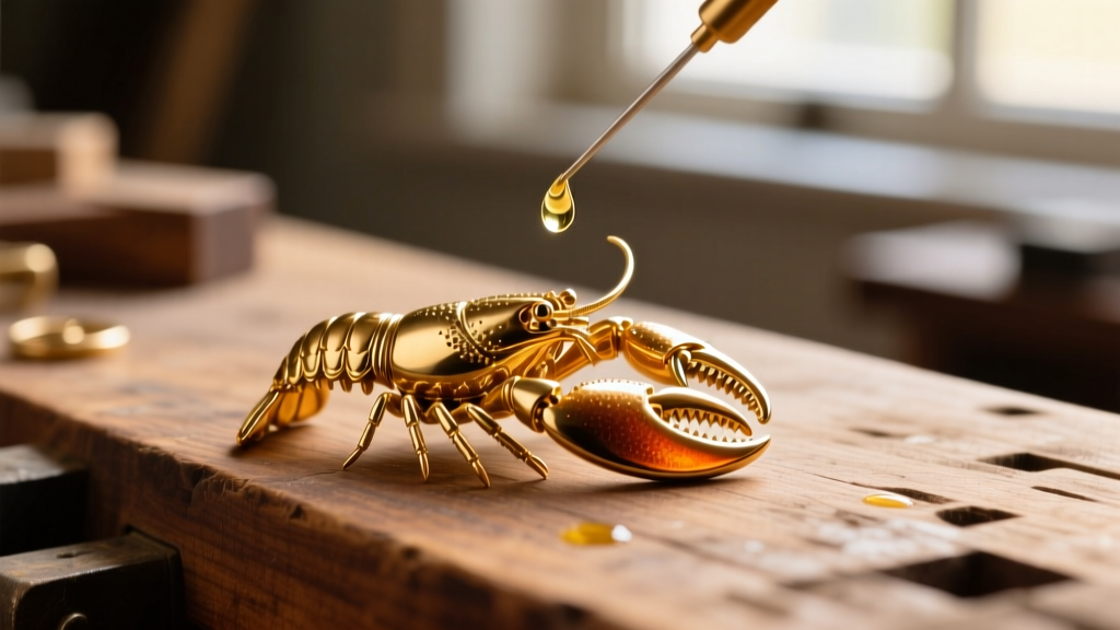 Macro shot of a delicate 14k gold lobster clasp being lubricated with a fine needle and oil on a wooden jeweler's workbench.