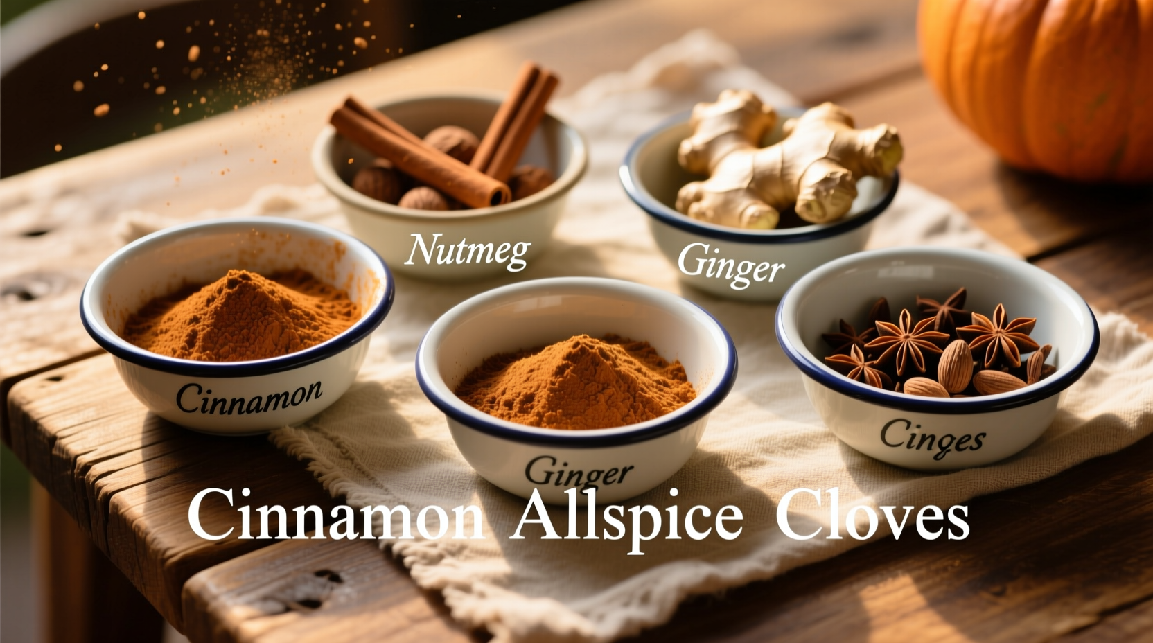 Homemade pumpkin pie spice substitute ingredients in small bowls