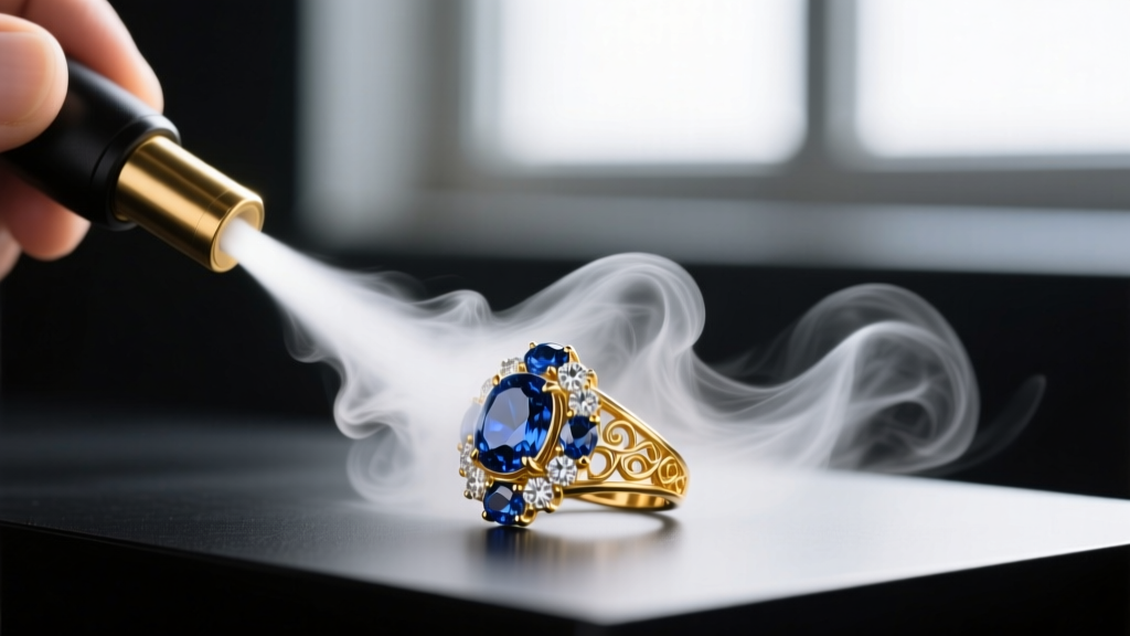 Handheld jewelry steam cleaner emitting a focused high-pressure white steam jet onto a vintage sapphire and diamond cluster ring.