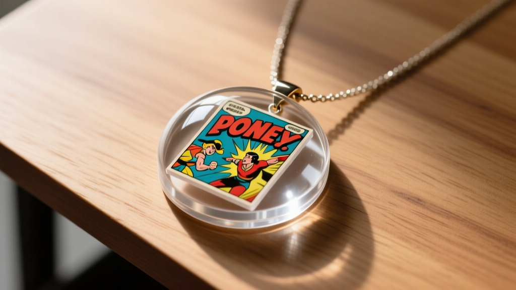 Top-down view of a crafted necklace bottle cap pendant with a vintage comic cutout, sealed in clear dome resin on a wooden desk.