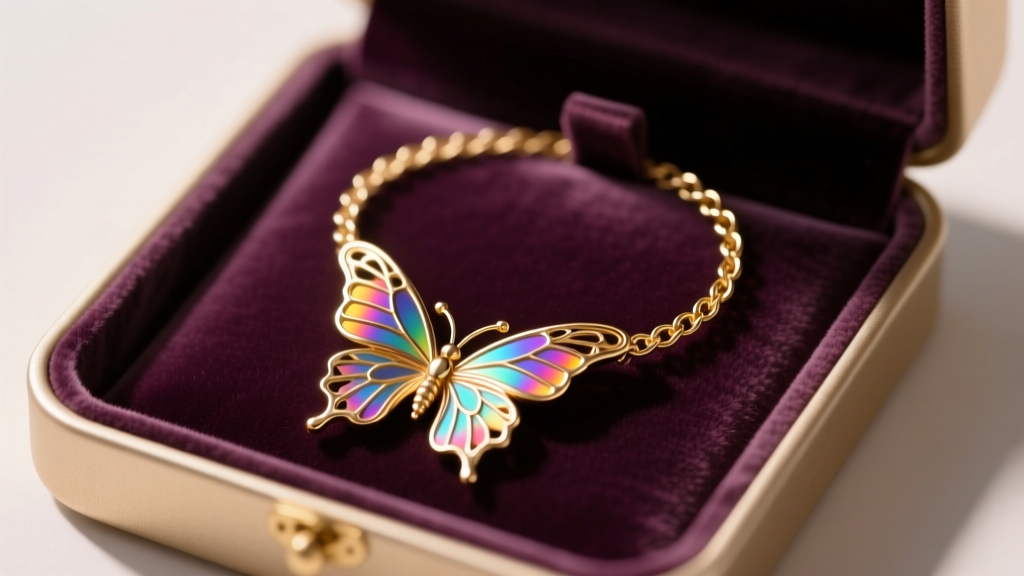 A delicate gold chain of a rainbow butterfly necklace carefully coiled inside a tarnish-resistant velvet jewelry storage box.