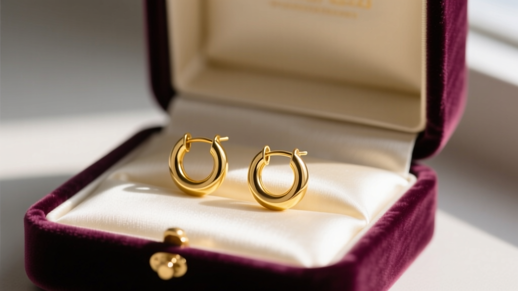 Open velvet jewelry box revealing a pair of 10mm solid 14k yellow gold seamless tiny hoop earrings resting on cream silk fabric.