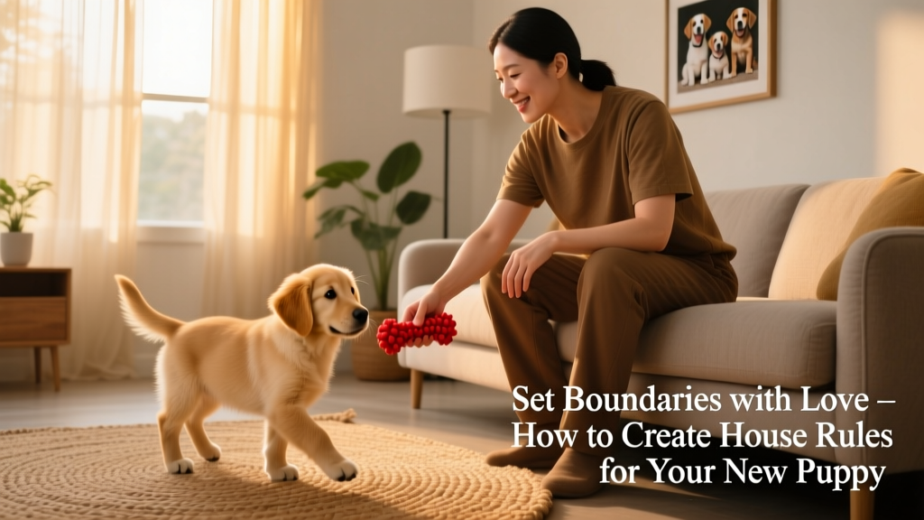 A trainer gently guiding a puppy away from a sofa using a calm hand gesture and offering a chew toy
