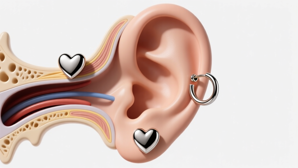 Diagram showing ear anatomy with 16-gauge titanium heart huggie earrings placed on the helix, tragus, and lower lobe piercings