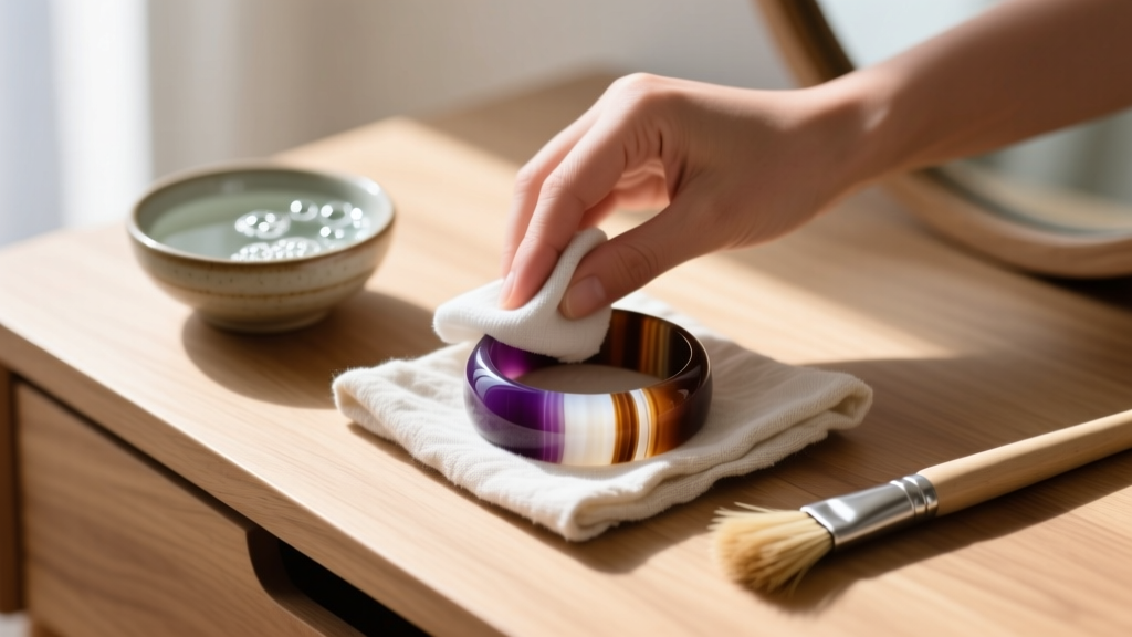Soft cloth wiping a banded Botswana agate bracelet next to a bowl of soapy water and a brush on a light wooden vanity table