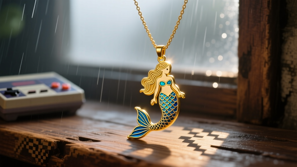 Gold-plated hard enamel mermaid pendant necklace on weathered wood with soft rainy lighting and a cozy gaming aesthetic