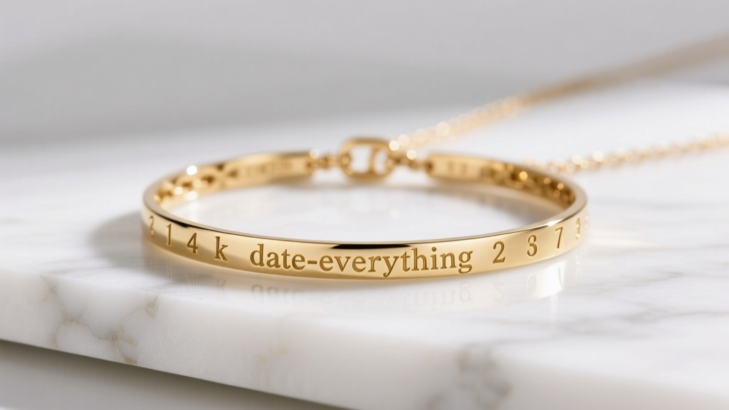 Delicate 14k gold date everything necklace resting on white marble, soft light highlighting engraved numerals.
